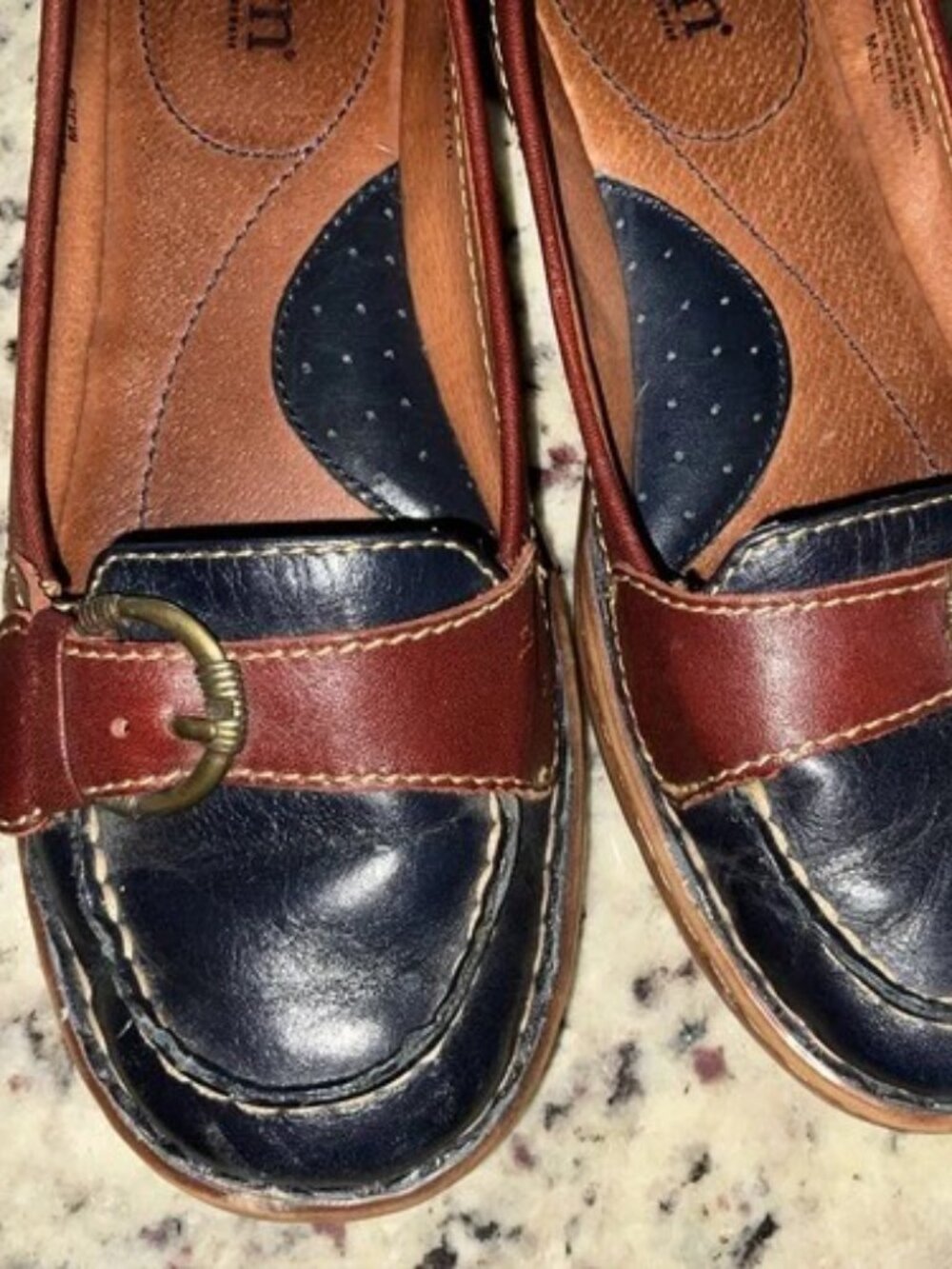 Born Handcrafted Footwear Leather Loafers. Navy trimmed in brown. Size 8B/Medium